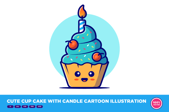 Cute Cup Cake with Candle Cartoon